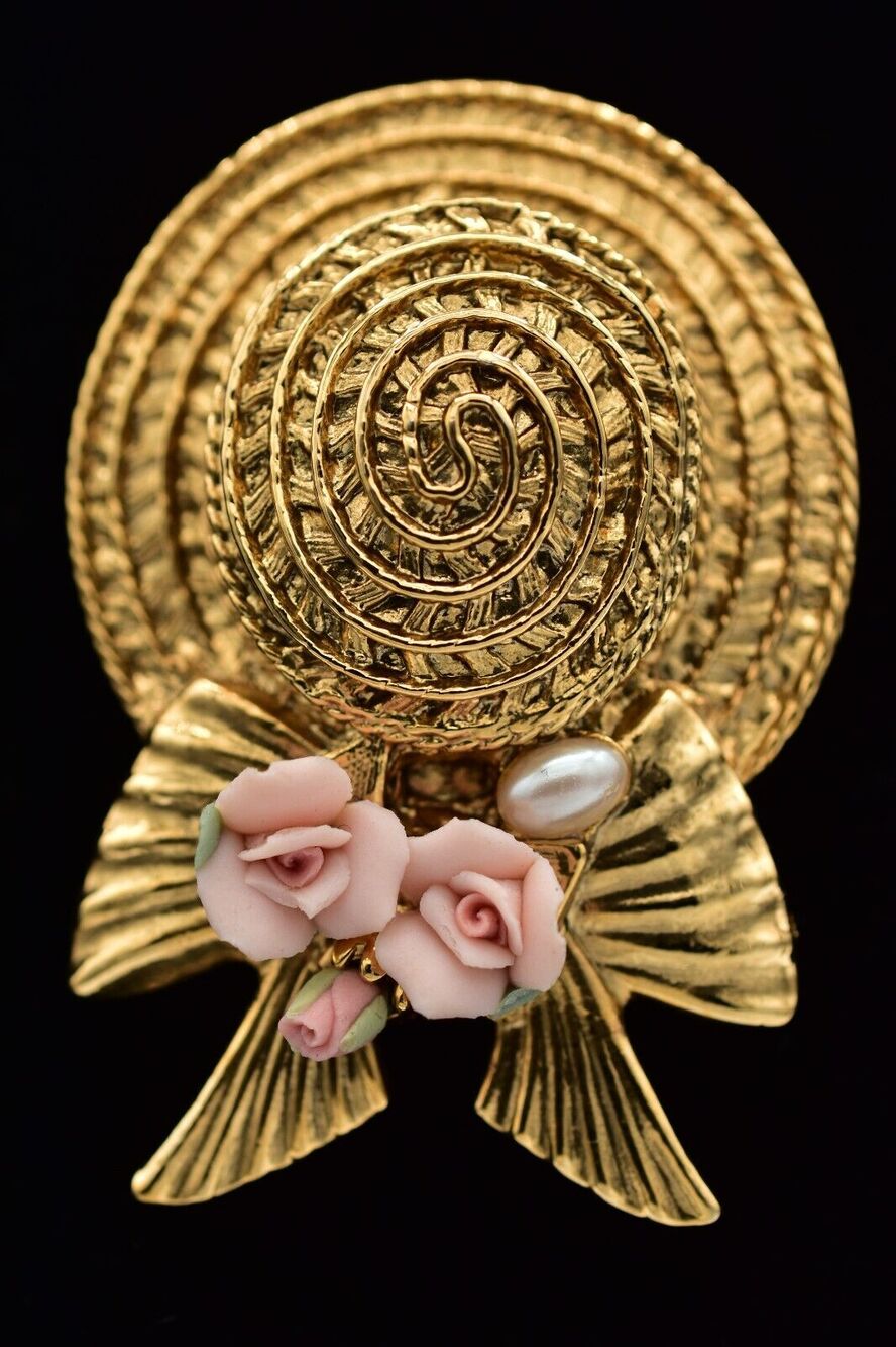 1928 Vintage Sun Hat Brooch Pin Pearl Pink Rose Bow Gold Chunky 1980s BinBK